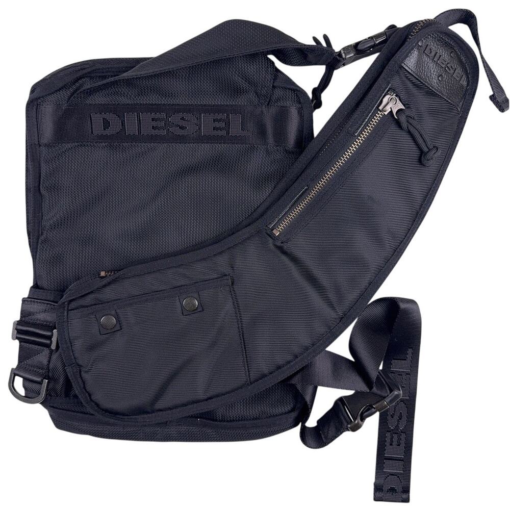 Vintage Diesel Y2K Black Utility Sling Messenger Crossbody Bag Techwear